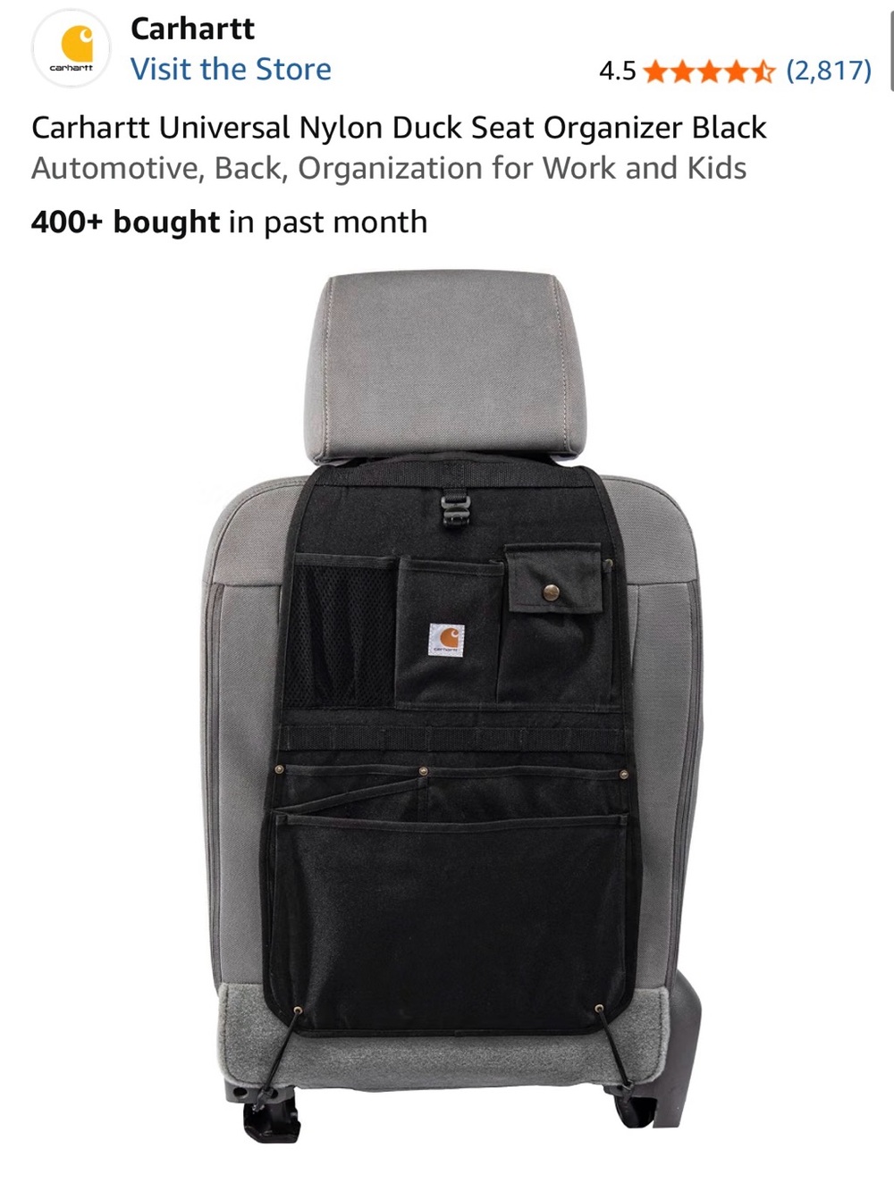 Carhartt Black Back-of-Seat Organizer with Multiple Pockets